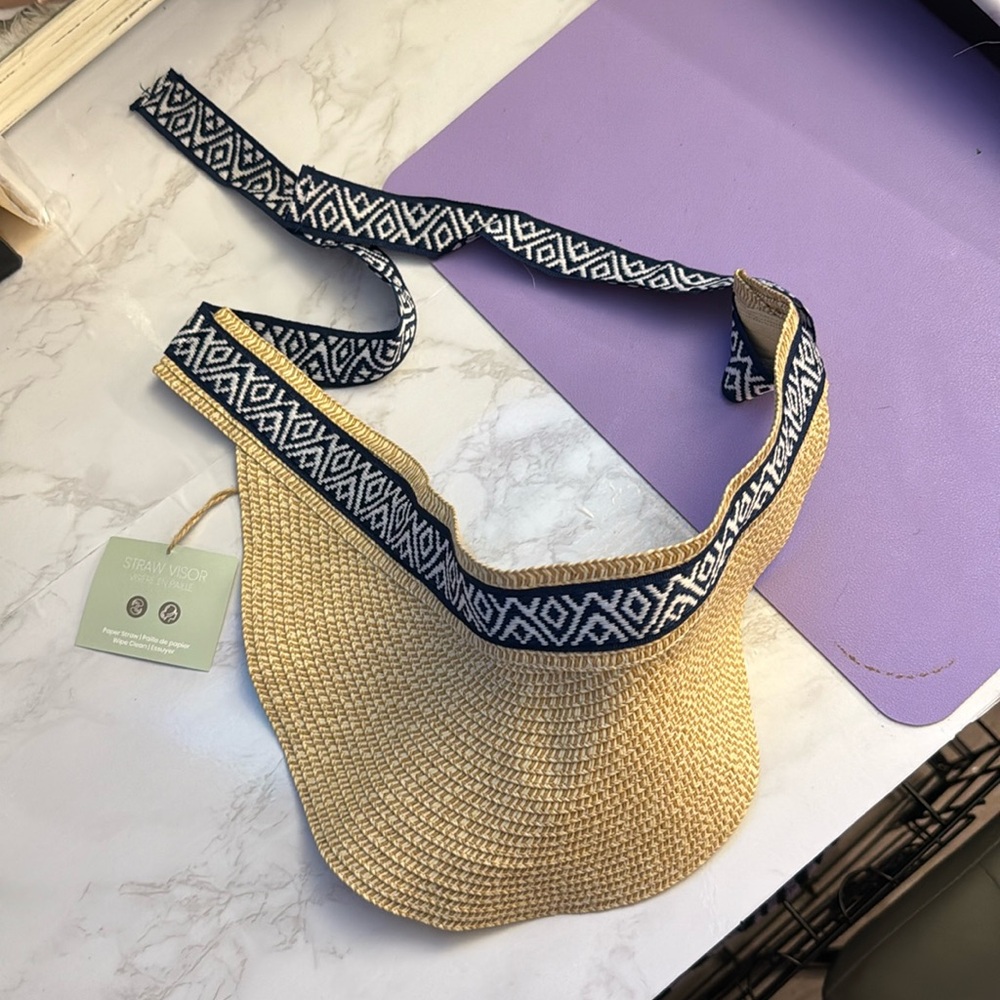 Ladies Sea & Grass Straw Foldable Visor-New Blue Tie Back‎